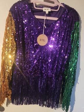 BiBi Purple Sequin Fringe Top with Gold & Green Sleeves